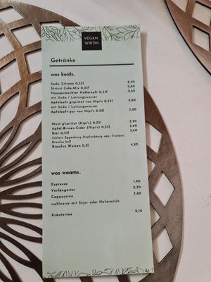 Drinks menu at Vegan Wirtin in Wels