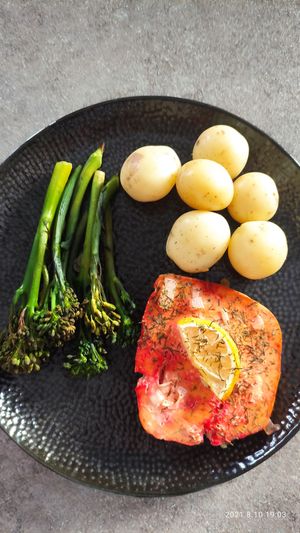 Tofu salmon with potatoes and seasonal vegetables at Eco Plant Kitchen in Royton