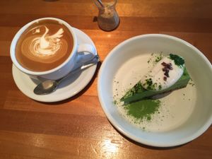 Green tea mousse dessert and soy latte at Cafe Atl in Osaka