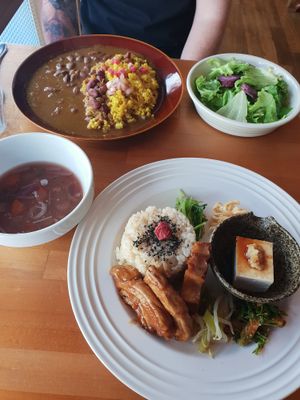 Two of the sets here. Each set is 1500¥ and comes with a drink at Cafe Atl in Osaka