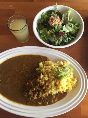 Curry and rice with a salad (hummus on top) and pineapple juice! 1500 yen  at Cafe Atl in Osaka