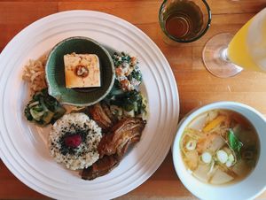 The vegetable set with miso soup and tea  at Cafe Atl in Osaka