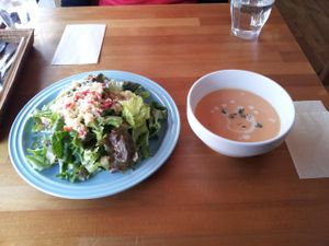 Couscous salad and carrot soup, lunch starters at Cafe Atl. at Cafe Atl in Osaka