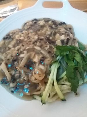 Mushroom and noodle dish at Dumpling+ in Bilbao
