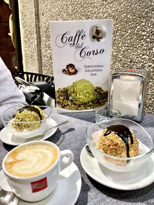 Pistaccio and hazelnut tartufo and soy cappuccino  at Caffe del Corso in Tropea