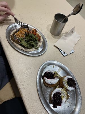 Aubergine miso tahini & vegan pancakes  at La Papa in Barcelona