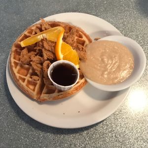 vegan chikin and waffles brunch  at Downbeat Diner and Lounge in Honolulu