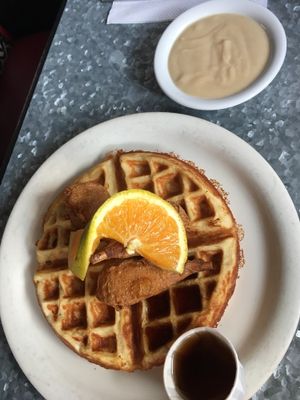 Chicken & wafles with a side of gravy - all ";veganized"; at Downbeat Diner and Lounge in Honolulu