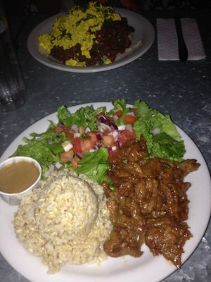 Orange chick'n over brown rice at Downbeat Diner and Lounge in Honolulu