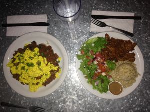 Loco Moco and Orange Chick'n over brown rice at Downbeat Diner and Lounge in Honolulu