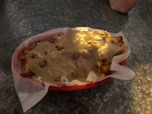 Vegan Volcano fries! VERY yummy at Downbeat Diner and Lounge in Honolulu