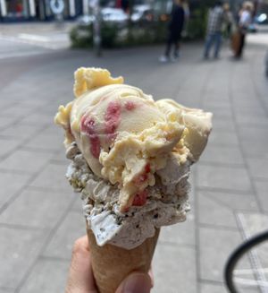 Vegan cone with banana-peanut and strawberry cheezcake ice cream  at Die Eisbande in Hamburg