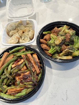 Veg dumplings, ‘beef’ and broccoli and ‘chicken’ and green beans  at Hunan Gourmet in Frederick