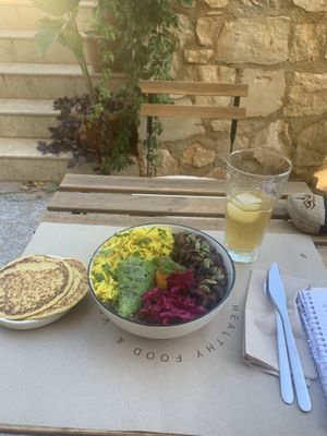 Lifebowl, chickpea bread/pancake , sparkling green tea  at Lifeboxtr in Kas
