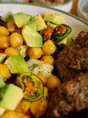 Daily meal. Watch for the zucchini rolls. Very fine work of art at Lifeboxtr in Kas