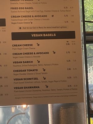 Vegan menu  at B Bagel Bakery Bar in London