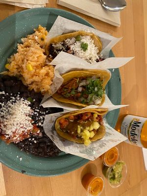 Taco plate: Jack fruit Barbacoa, Setanta El Pastor and SoyRizo at Tacotarian in Henderson