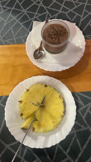 Vegan chocolate mousse & pineapple  at Poço Azul in Sao Miguel