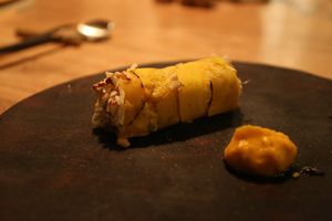 Savory cannoli wrap that tasted soooo much like boiled eggs. Delicious and freaked me out a bit! at Vegan French Restaurant L'Espéranceレスペランス in Sapporo