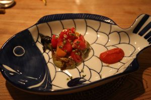 Seared eggplant and tomatoes at Vegan French Restaurant L'Espéranceレスペランス in Sapporo