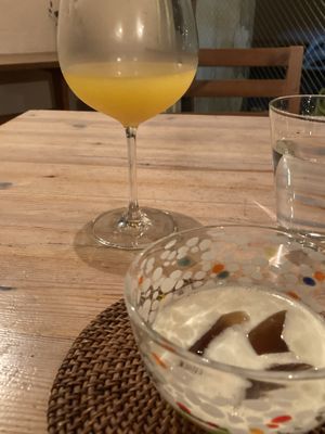 a corn soup with an early grey jelly  at Vegan French Restaurant L'Espéranceレスペランス in Sapporo