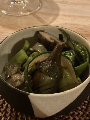 mixed vegetables amd vegetable maki in a vegan dashi sauce  at Vegan French Restaurant L'Espéranceレスペランス in Sapporo