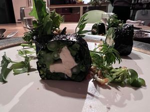 Fermented tofu and rapeseed rolled in Nori topped with crunchy natto  at Vegan French Restaurant L'Espéranceレスペランス in Sapporo