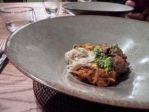 Fermented brown rice with vegan “crab” (shredded celery root) lentil curry and more  at Vegan French Restaurant L'Espéranceレスペランス in Sapporo