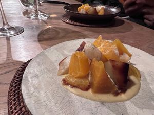 Yellow beets , oranges and sweet potato with a long pepper sauce  at Vegan French Restaurant L'Espéranceレスペランス in Sapporo