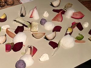 Veggies and balls of purple mashed potatoes  at Vegan French Restaurant L'Espéranceレスペランス in Sapporo