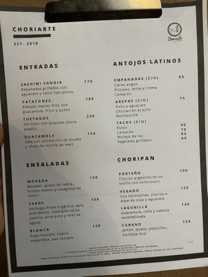 Current menu 11/25/2021 at Choriarte in San Jose Del Cabo