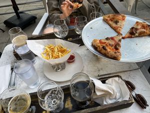 Pizza fries and beers  at Fieldwork Brewing Company in Sacramento