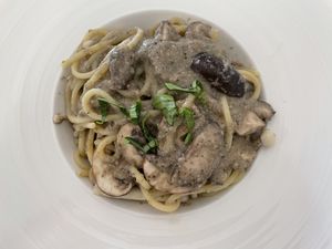 Mushroom spaghetti at Loving Nature Fortunate Coffee Cafe in Central Singapore