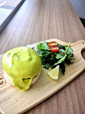 Portobello Benedict Burger with topped with house-made Hollandaise sauce and salad at Loving Nature Fortunate Coffee Cafe in Central Singapore