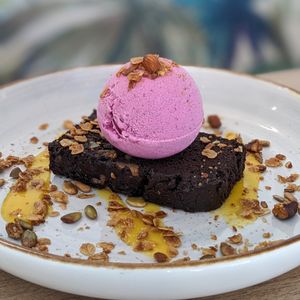 Vegan Brownie with Dragonfruit Vanilla Ice-Cream at Loving Nature Fortunate Coffee Cafe in Central Singapore