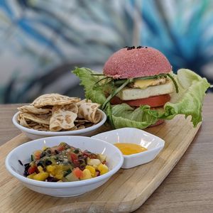 Vegan Tofu Tempeh Beetroot Burger Set at Loving Nature Fortunate Coffee Cafe in Central Singapore