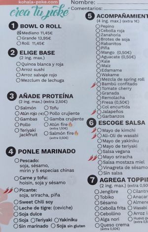 Menú at Kohala Poké in Marbella