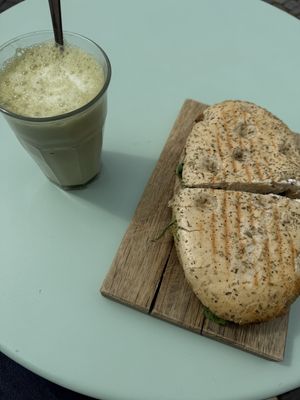 Matcha Latte and grilled vegetables  at Little Rabbit's Room in Munich