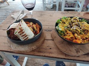 Vegan burrito + falafel bowl at Sama Sama Veggie in Salou
