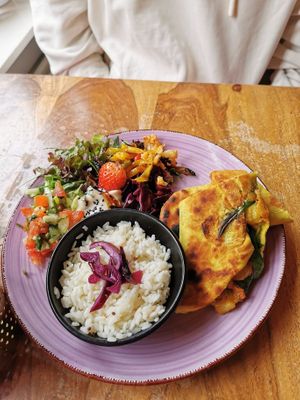 Roti, rice and some salad on the side at Little World Kitchen in Utrecht