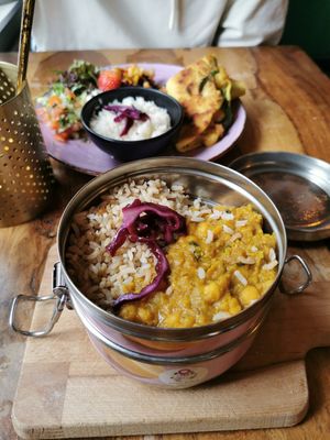 Curry with rice at Little World Kitchen in Utrecht