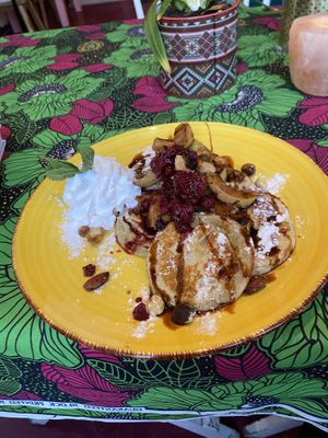 Pancakes: quite tasty with caramelized nuts and baked/cooked fruits. I do prefer fresh fruits though. at Little World Kitchen in Utrecht