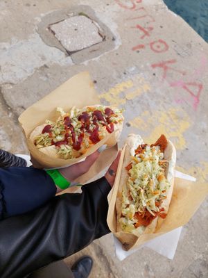 hot dog with seitan (left) and gyros with tzatziki (right) at Handwich in Thessaloniki