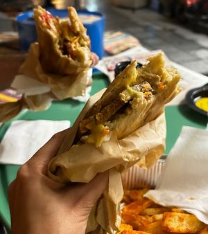 Philly steak 😋 & Souvlaki in the background 🌈  at Handwich in Thessaloniki