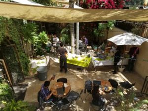 outdoor seating area at The Good Karma Cafe in Los Angeles