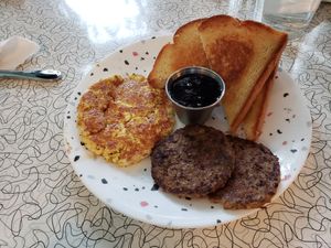 Tofu scramble sausage and Toast at Spiral Diner & Bakery in Fort Worth