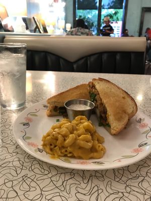 Baked Potato Grilled Cheese with chik'n strips. Side of Mac n' Cheese (Contains nuts) at Spiral Diner & Bakery in Fort Worth
