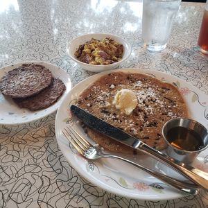 Chocolate Chip Pancake, Tofu Scramble à la carte, Sausage à la carte at Spiral Diner & Bakery in Fort Worth