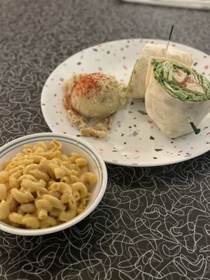 Chik'n Caesar wrap with potato side salad as well as Mac & Cheeeeze  at Spiral Diner & Bakery in Fort Worth