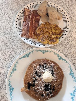 Lumberjack plate and blueberry pancake   at Spiral Diner & Bakery in Fort Worth